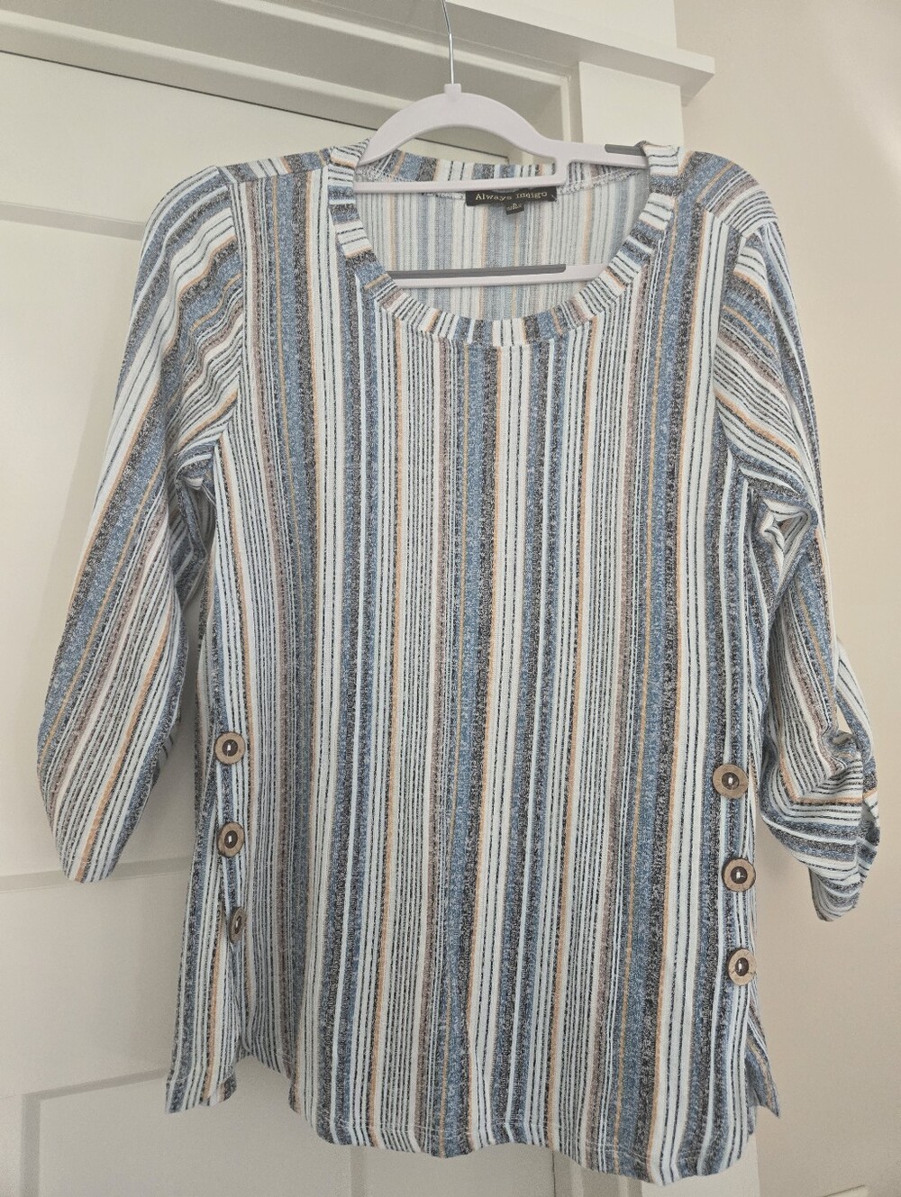 Always Indigo Blue White Tan Striped Knit Tunic with Side Buttons